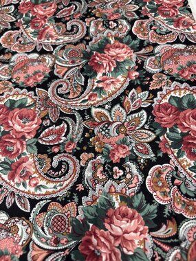 Vintage Floral Paisley Cotton Fabric 16x40" Black With Pink & Green Roses Sewing